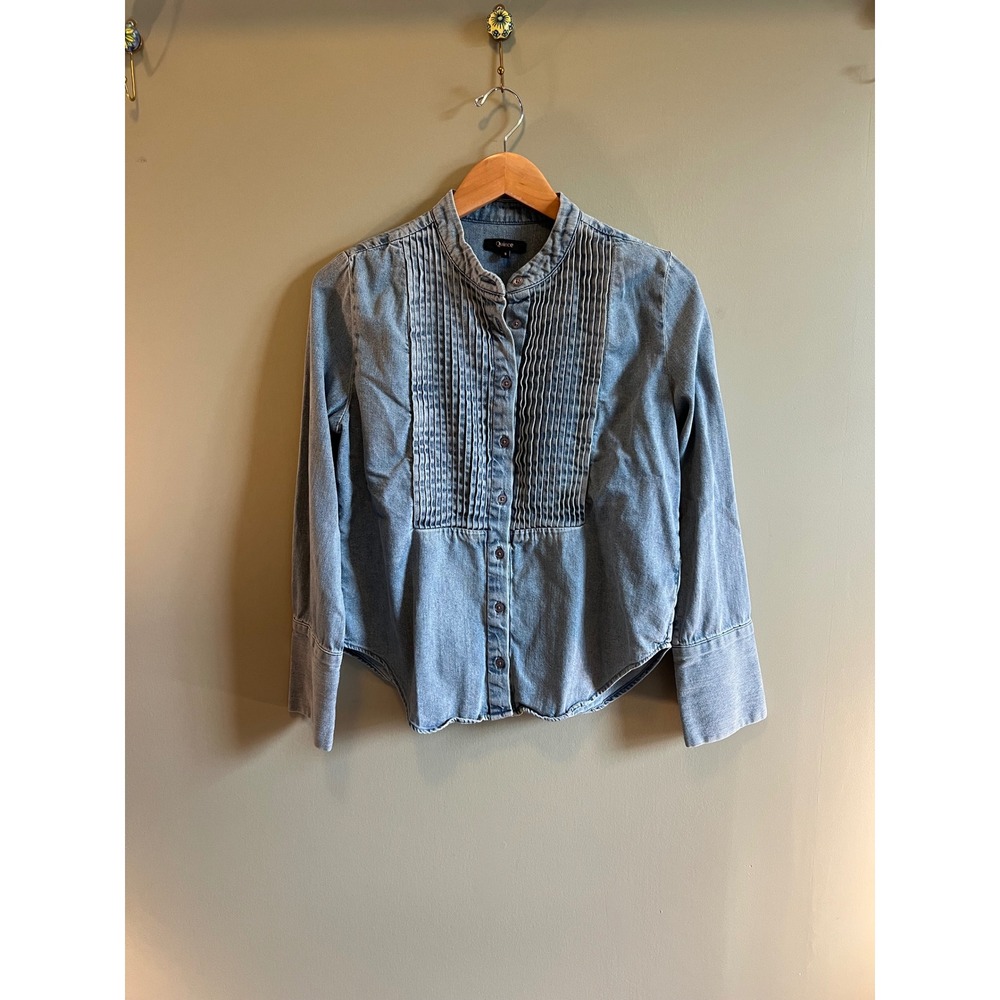 Quince Distressed Denim Tuxedo Shirt Blue Band Collar Long Sleeve Small